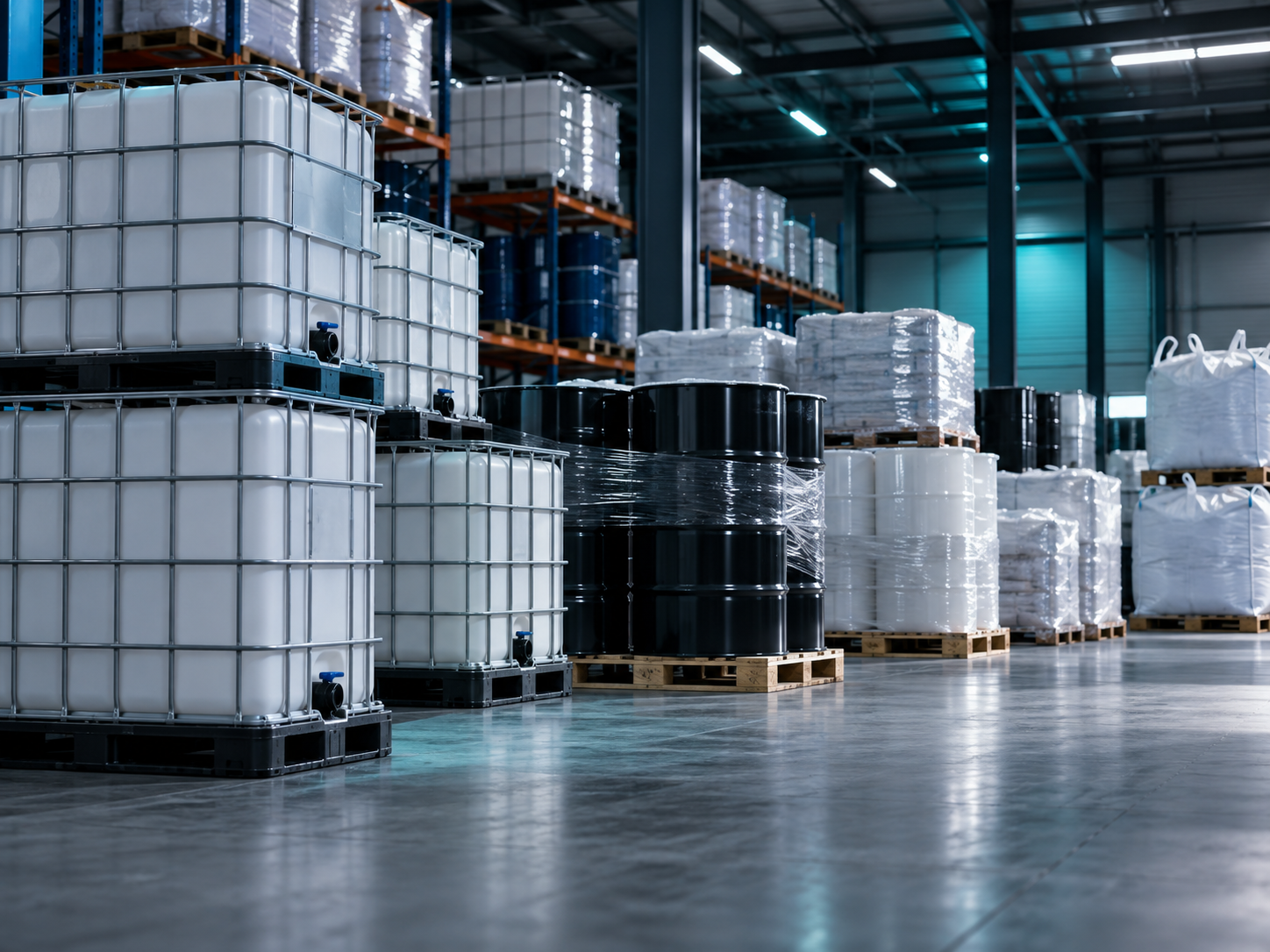 Unbranded chemical containers in a warehouse