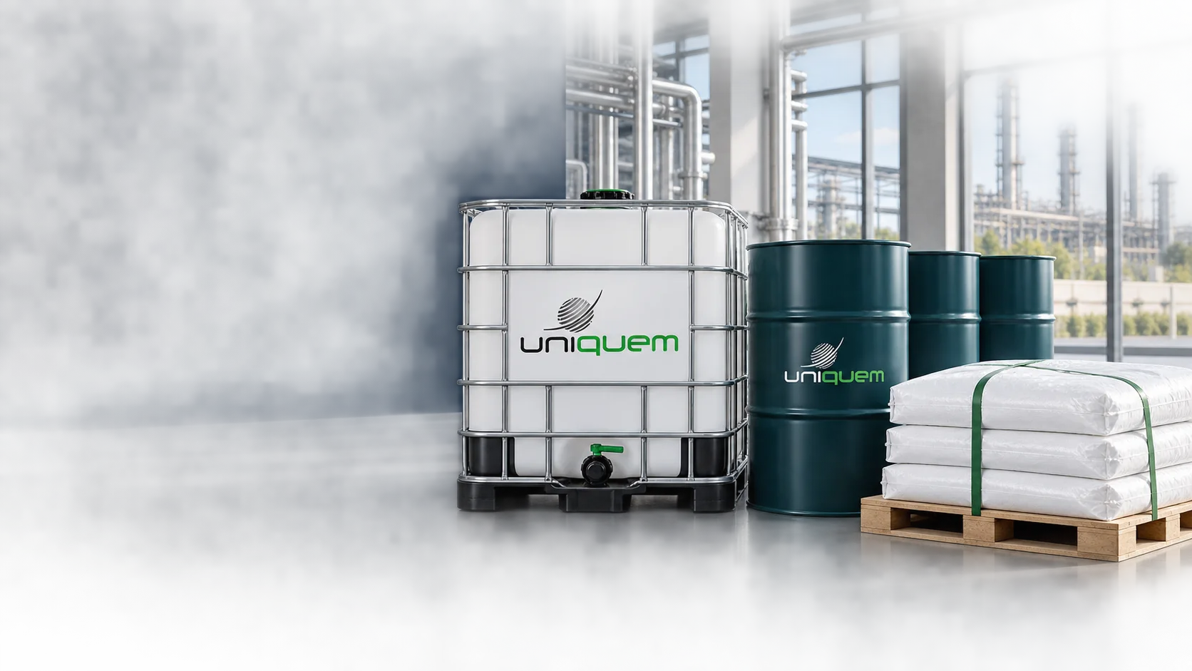 Uniquem chemical tote, drums, and palletized bags in a modern processing facility